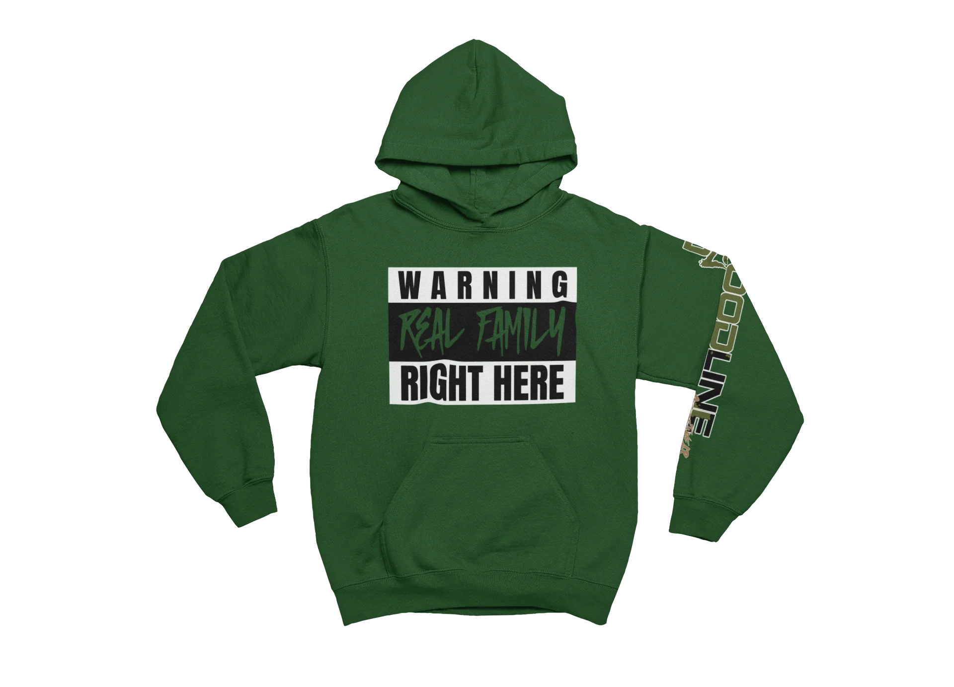 Money green hoodie with text design on a white background